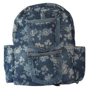 Upcycled Floral Denim Backpack with Jeans Pockets – Y2K Boho Preloved Bag